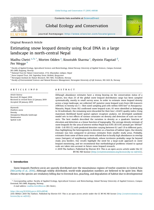 Estimating snow leopard density using fecal DNA in a large landscape in north-central Nepal