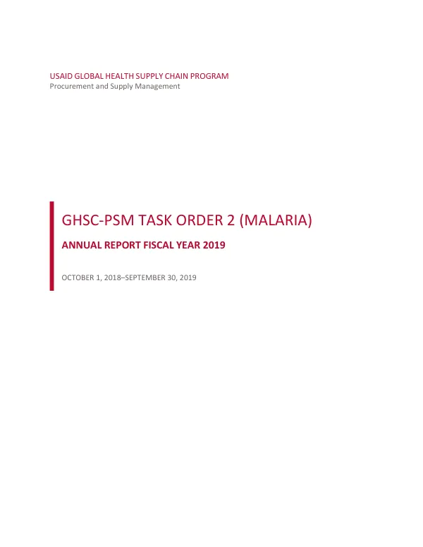 USAID Global Health Supply Chain Program-Procurement and Supply Management Annual Report Fiscal Year 2019