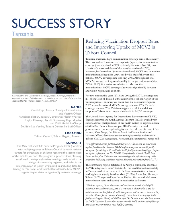 Reducing Vaccination Dropout Rates and Improving Uptake of MCV2 in Tabora Council