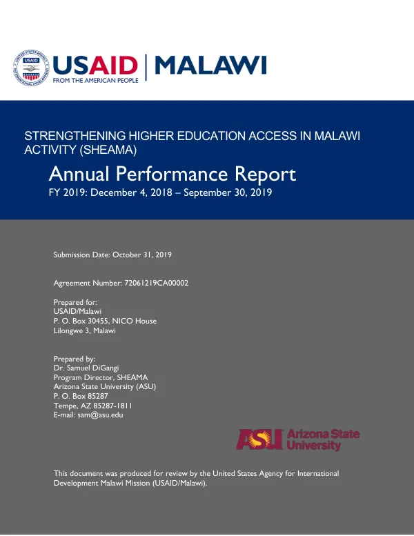 Annual Performance Report: Strengthening Higher Education Access in Malawi Activity (SHEAMA) FY 2019