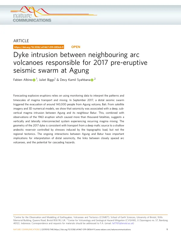 Dyke intrusion between neighbouring arc volcanoes responsible for 2017 pre-eruptive seismic swarm at Agung