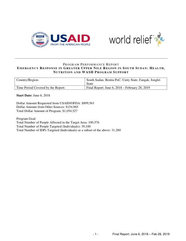 Final Report: Emergency Response in Greater Upper Nile Region in South Sudan: Health, Nutrition and WASH Program Support