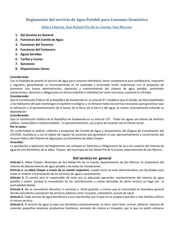 Reglamento del servicio de Agua Potable para Consumo Doméstico