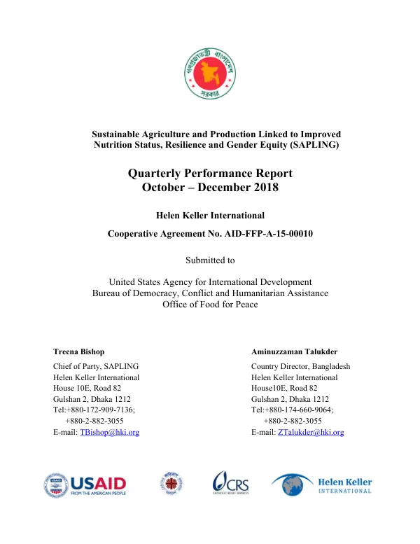 Sustainable Agriculture and Production Linked to Improved Nutrition Status, Resilience and Gender Equity (SAPLING) Quarterly Performance Report October – December 2018
