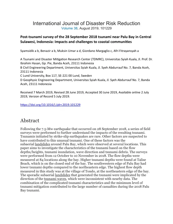Post-tsunami survey of the 28 September 2018 tsunami near Palu Bay in Central Sulawesi, Indonesia: Impacts and challenges to coastal communities