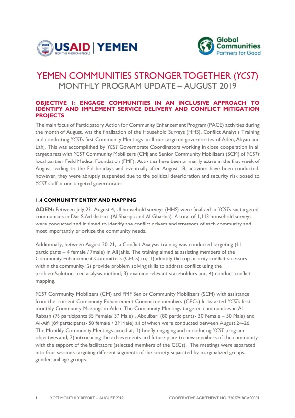 Yemen Communities Stronger Together (YCST) Monthly Program Update – August 2019