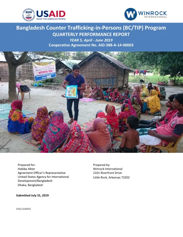 Bangladesh Counter Trafficking-in-Persons (BC/TIP) Program Quarterly Performance Report: Q3, Year 5