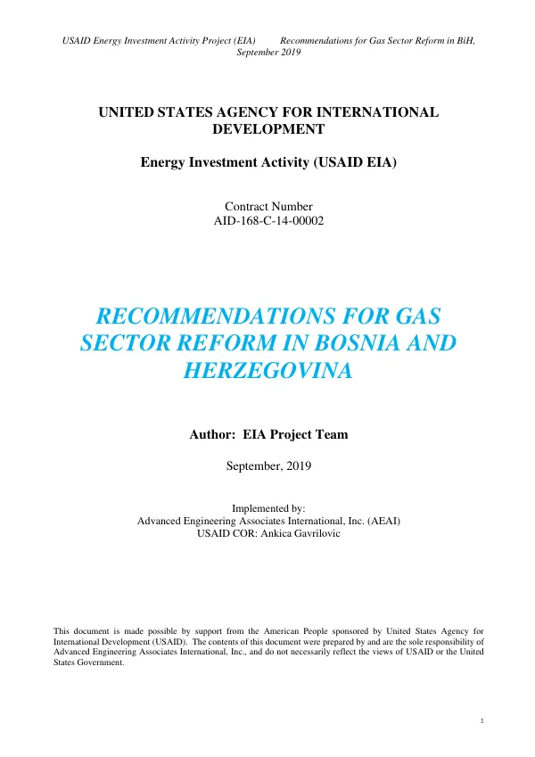 USAID Energy Investment Activity Project (EIA) Recommendations for Gas Sector Reform in BiH