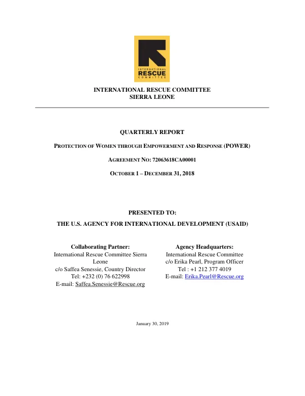 Protection of Women through Empowerment and Response (POWER) Quarterly Report