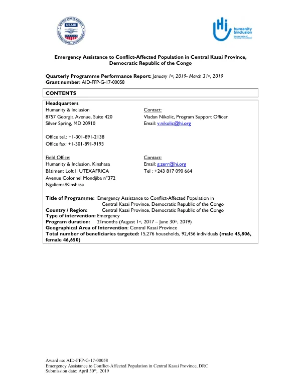 Quarterly Programme Performance Report: January 1st, 2019- March 31st, 2019