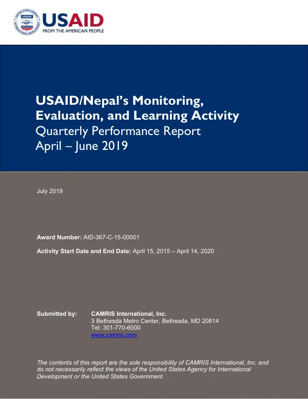 Nepal Monitoring, Evaluation, and Learning (MEL) Activity’s Quarterly Performance Report for April – June 2019