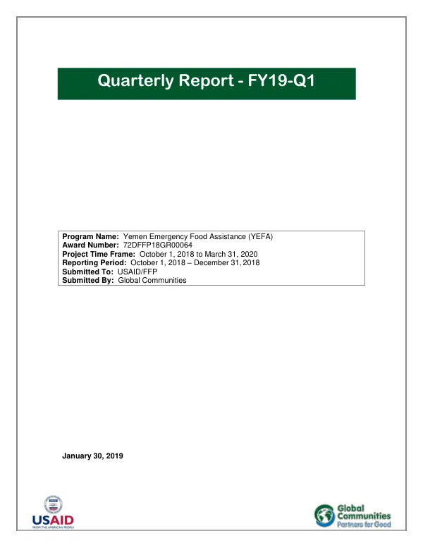 Yemen Emergency Food Assistance (YEFA) – Project Quarterly Report - FY19-Q1