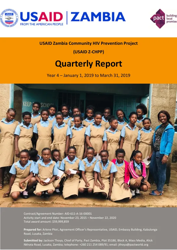 USAID Zambia Community HIV Prevention Project Quarterly Report Year 4 – January 1, 2019 to March 31, 2019