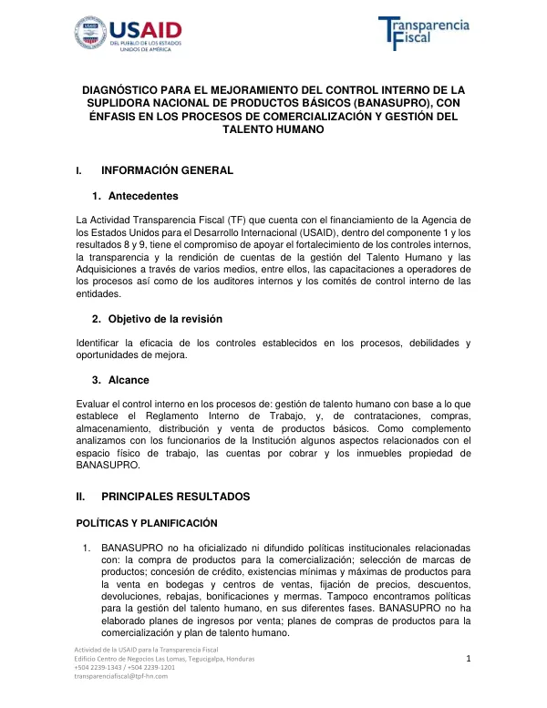 Diagnóstico para el Mejoramiento del Control Interno de la Suplidora Nacional de Productos Básicos (BANASUPRO)