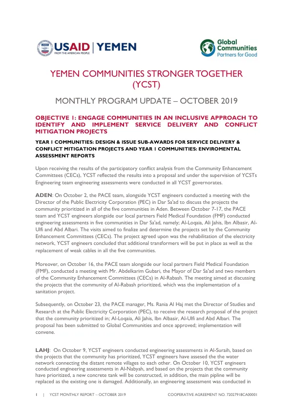 YEMEN COMMUNITIES STRONGER TOGETHER MONTHLY PROGRAM UPDATE – OCTOBER 2019