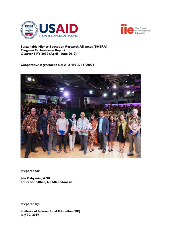 Sustainable Higher Education Research Alliances (SHERA) Program Performance Report Quarter 3 FY 2019 (April – June 2019)