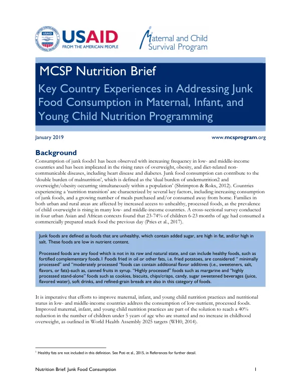 MCSP Nutrition Brief: Key Country Experiences in Addressing Junk Food Consumption in Maternal, Infant, and Young Child Nutrition Programming