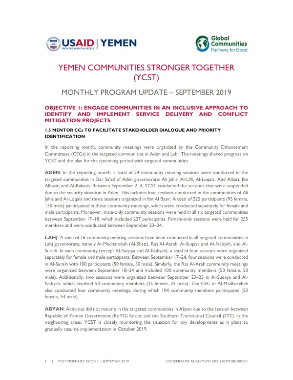 Yemen Communities Stronger Together (YCST) Monthly Report – September 2019