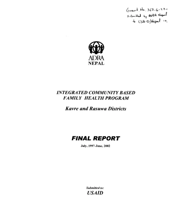 Integrated community based family health program : Kavre and Rasuwa Districts[, Nepal] -- final report, July, 1997-June, 2002