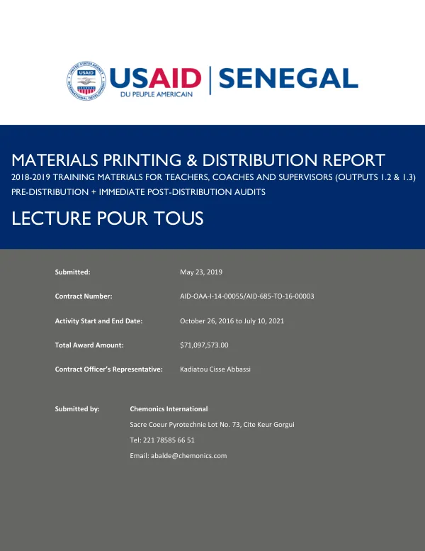MATERIALS PRINTING & DISTRIBUTION REPORT 2018-2019 TRAINING MATERIALS FOR TEACHERS, COACHES AND SUPERVISORS (OUTPUTS 1.2 & 1.3)