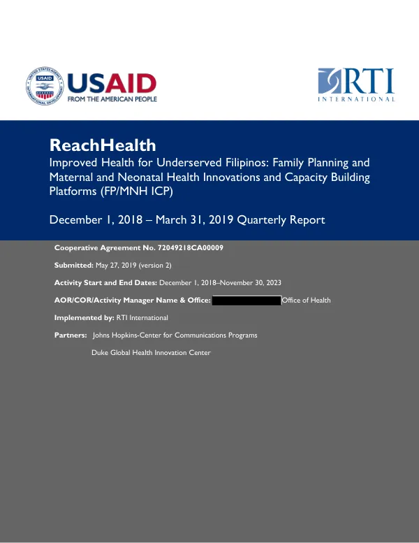 Improved Health for Underserved Filipinos: Family Planning and Maternal and Neonatal Health Innovations and Capacity Building Platforms (ReachHealth)