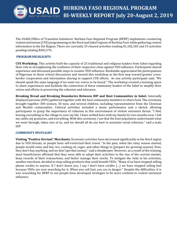 Burkina Faso Regional Program Bi-Weekly Report