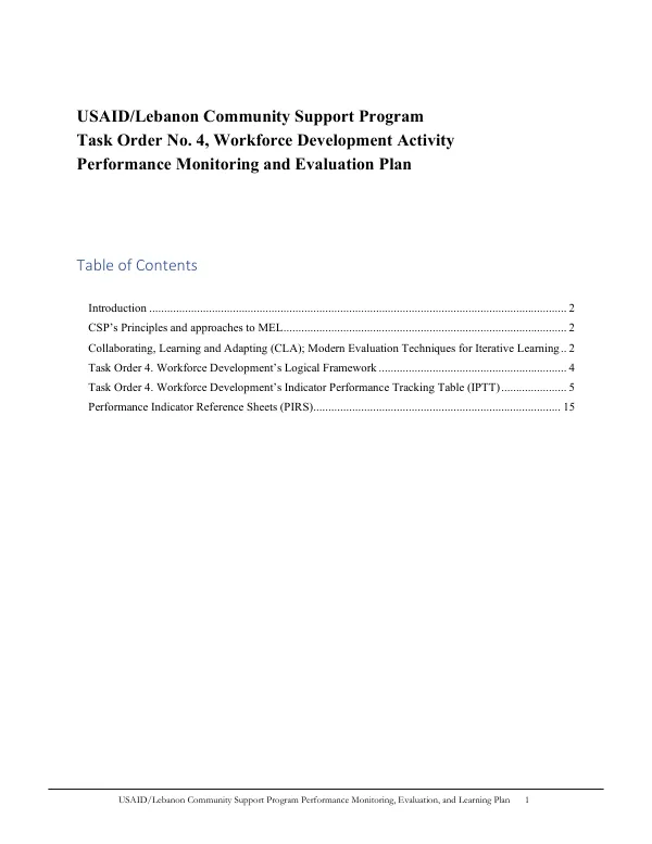 USAID/Lebanon Community Support Program Performance Monitoring, Evaluation, and Learning Plan