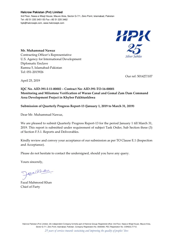 Quarterly Progress Report 13 (January – March) 2019: A-E Services for Monitoring and Milestone Verification of USAID-Funded Waran Canal and Gomal Zam Dam Command Area Development Project in Khyber Pakhtunkhwa