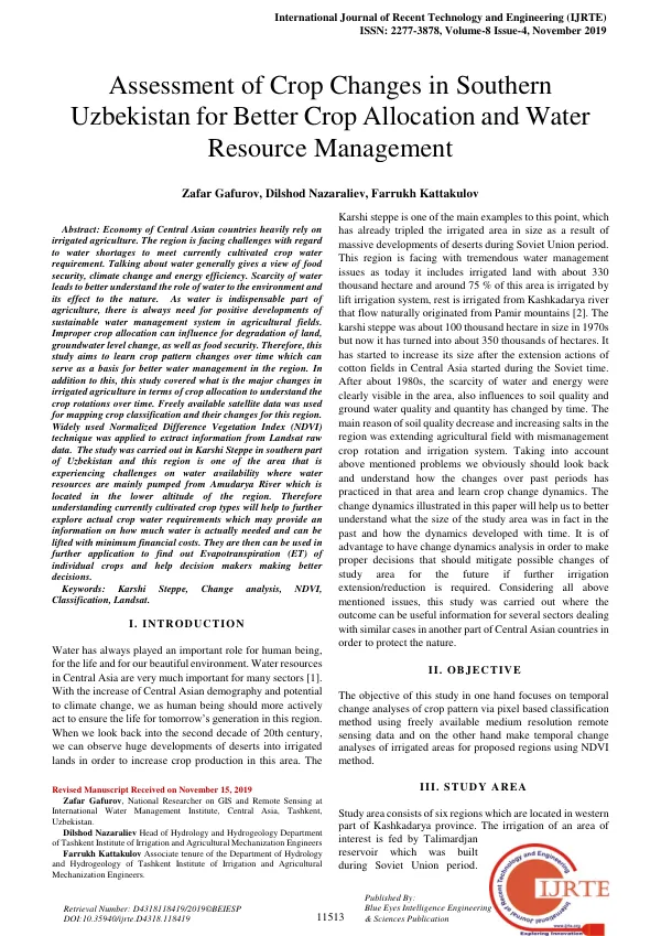 Assessment of Crop Changes in Southern Uzbekistan for Better Crop Allocation and Water Resource Management
