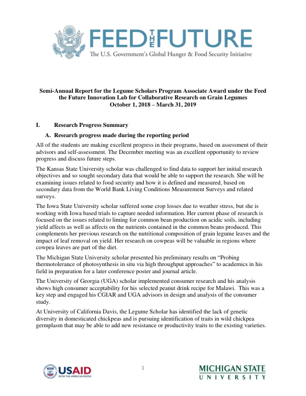 Semi-Annual Report for the Legume Scholars Program Associate Award under the Feed the Future Innovation Lab for Collaborative Research on Grain Legumes