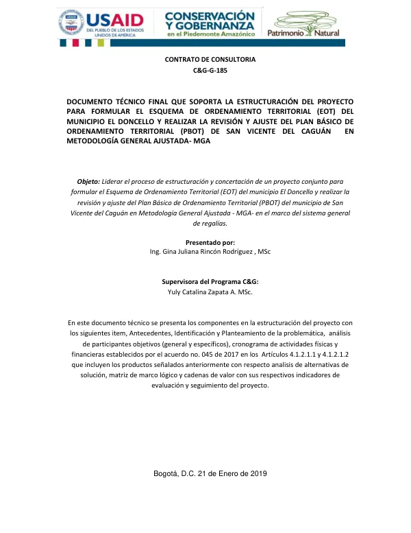 Documento Técnico Final: Estructuración del Proyecto para Formular el Esquema de Ordenamiento Territorial (EOT) del Municipio El Doncello y Revisión y Ajuste del Plan Básico de Ordenamiento Territorial (PBOT) de San Vicente del Caguán