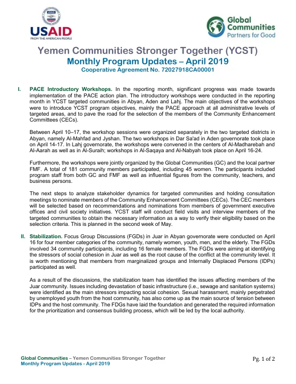 Global Communities – Yemen Communities Stronger Together Monthly Program Updates - April 2019