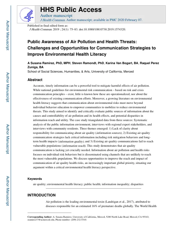 Public Awareness of Air Pollution and Health Threats: Challenges and Opportunities for Communication Strategies to Improve Environmental Health Literacy