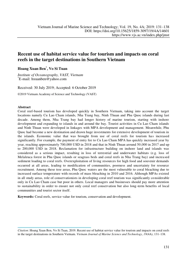Recent use of habitat service value for tourism and impacts on coral reefs in the target destinations in Southern Vietnam