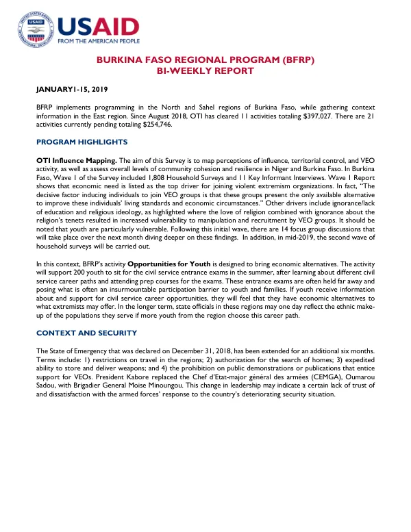 Burkina Faso Regional Program (BFRP) Bi-Weekly Report January 1-15, 2019
