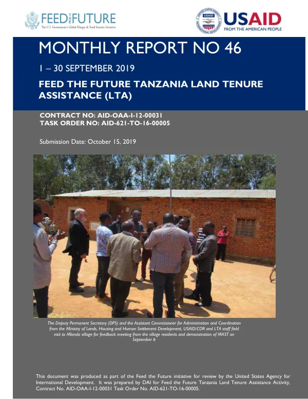Feed the Future, USAID Tanzania Land Tenure Assistance (LTA) Monthly Report September 2019