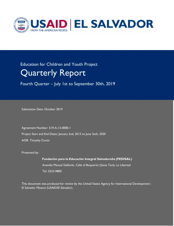 Education for Children and Youth Project Quarterly Report Fourth Quarter – July 1st to September 30th, 2019