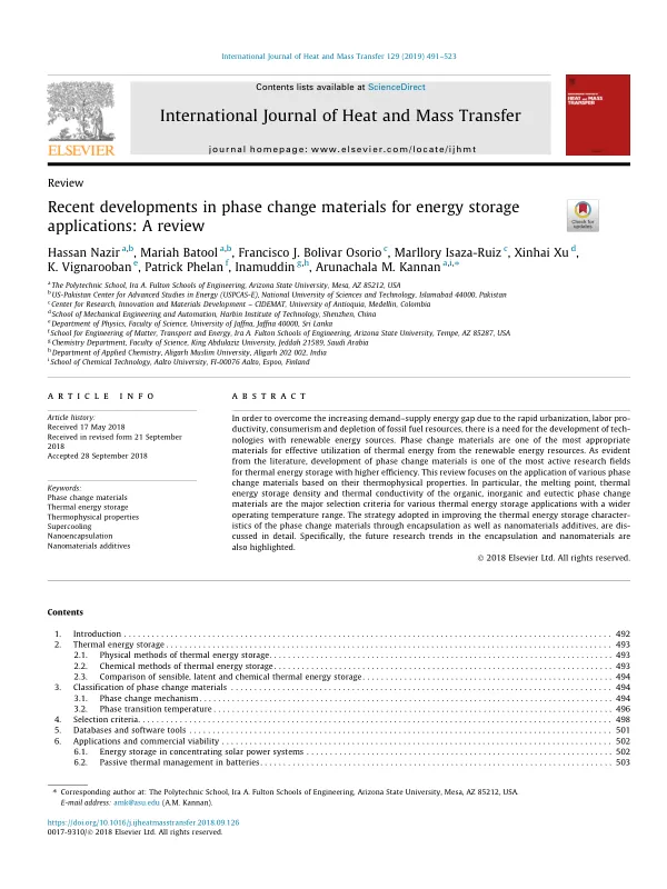 Recent developments in phase change materials for energy storage applications: A review
