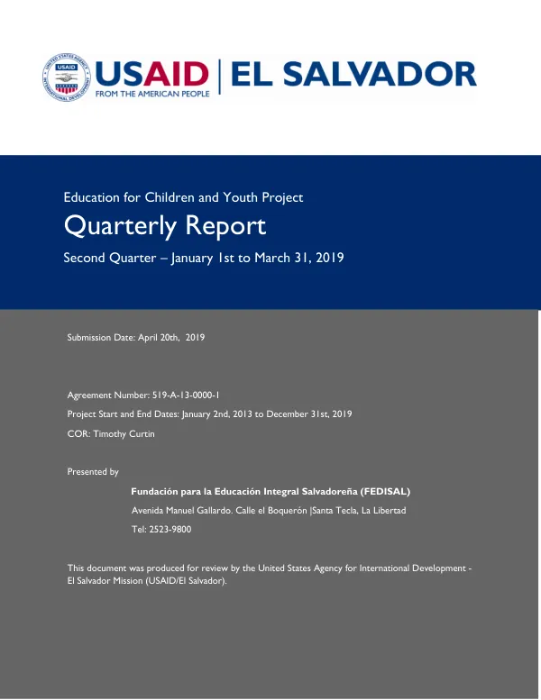 Education for Children and Youth Project Quarterly Report Second Quarter – January 1st to March 31, 2019