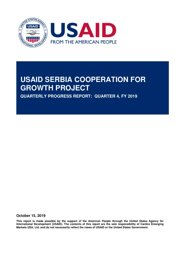 USAID Serbia Cooperation for Growth Project Quarterly Progress Report: Quarter 4, FY 2019