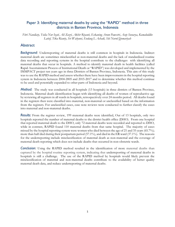 Identifying Maternal Deaths by Using the RAPID Method in Three Districts in Banten Province, Indonesia
