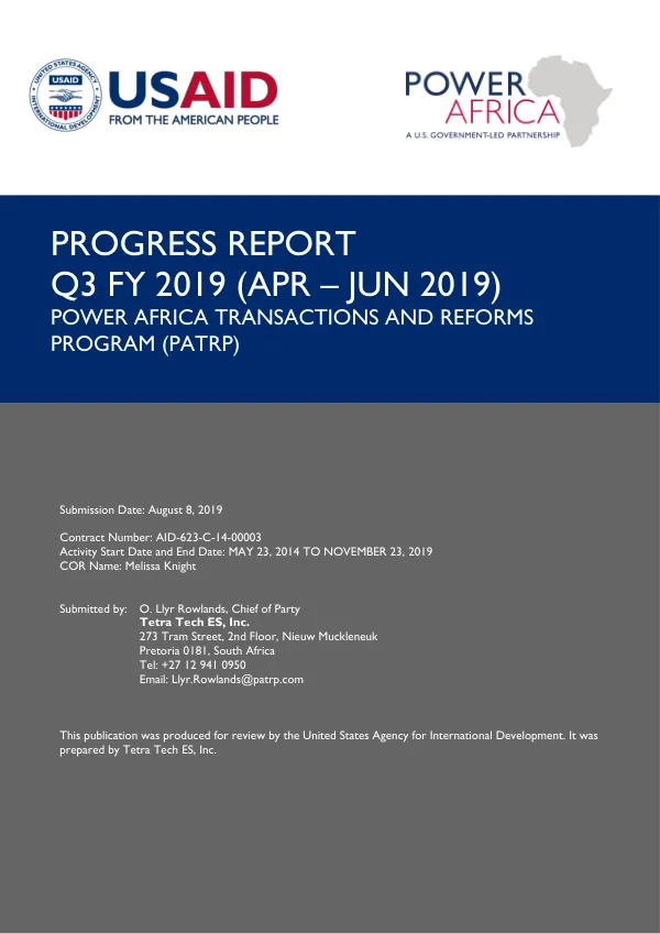 Progress Report Q3 FY 2019: Power Africa Transactions and Reforms Program (PATRP)