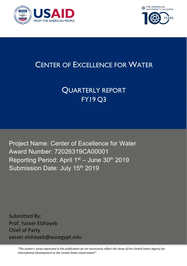 Quarterly Report FY19 Q3: Center of Excellence for Water