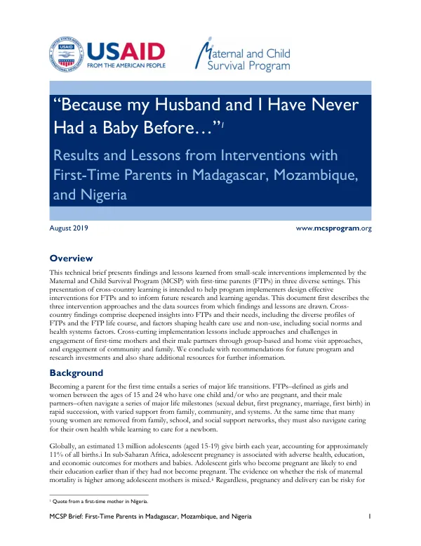 MCSP Brief: First-Time Parents in Madagascar, Mozambique, and Nigeria