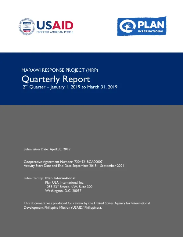 Marawi Response Project (MRP) Quarterly Report 2nd Quarter – January 1, 2019 to March 31, 2019