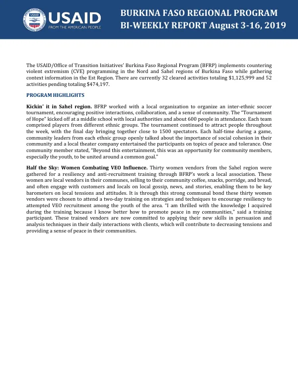 Burkina Faso Regional Program Bi-Weekly Report