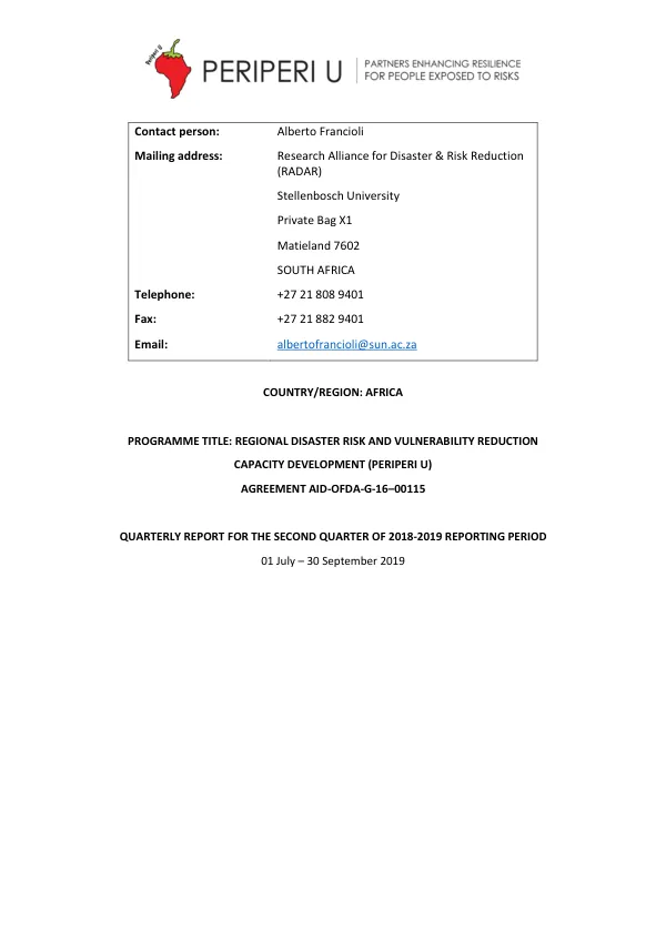 Periperi U Quarterly Report 01 July – 30 September 2019: Regional Disaster Risk and Vulnerability Reduction Capacity Development (Periperi U)