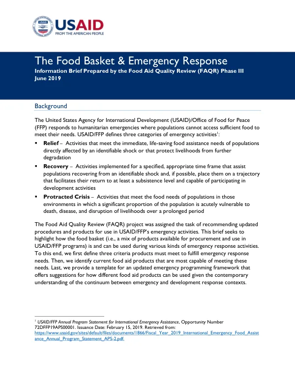 The Food Basket & Emergency Response Information Brief Prepared by the Food Aid Quality Review (FAQR) Phase III