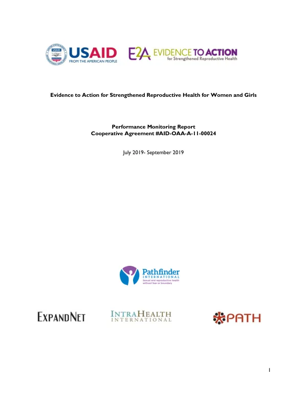 Evidence to Action for Strengthened Reproductive Health for Women and Girls: Performance Monitoring Report