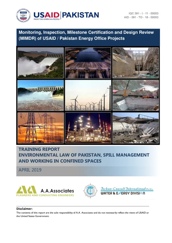 Monitoring, Inspection, Milestone Certification and Design Review (MIMDR) of USAID/Pakistan Energy Office Projects: Training Report - Environmental Law of Pakistan, Spill Management & Working in Confined Space